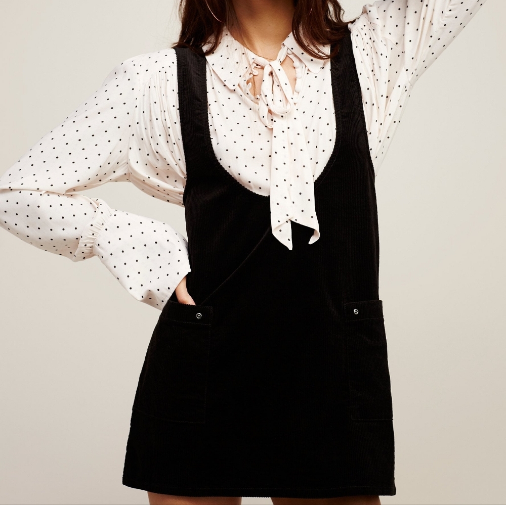 Free People Devoted To You Jumper Corduroy Mini Dress Scoop Neck Pockets Black 0